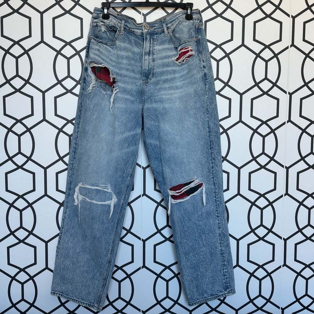 American Eagle Highest Rise 90s Boyfriend Jeans with Red Plaid Patches 14